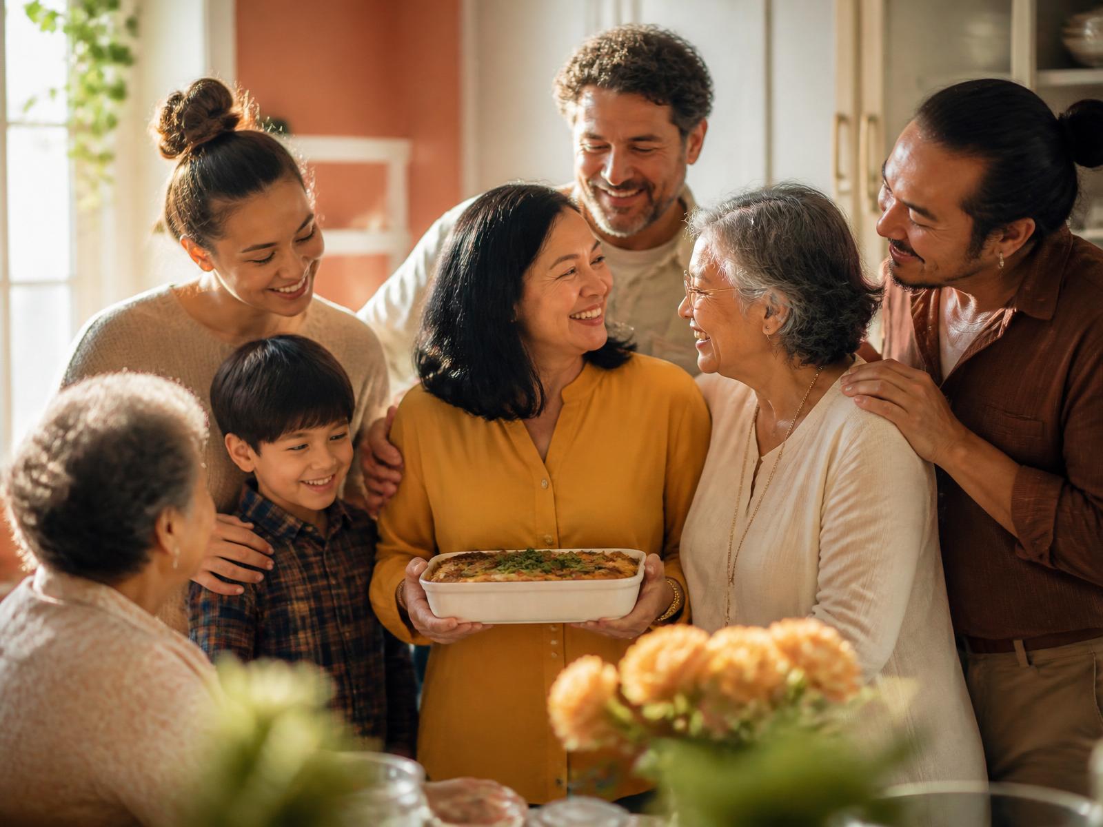 A family gathered in a warm kitchen sharing a home-cooked meal