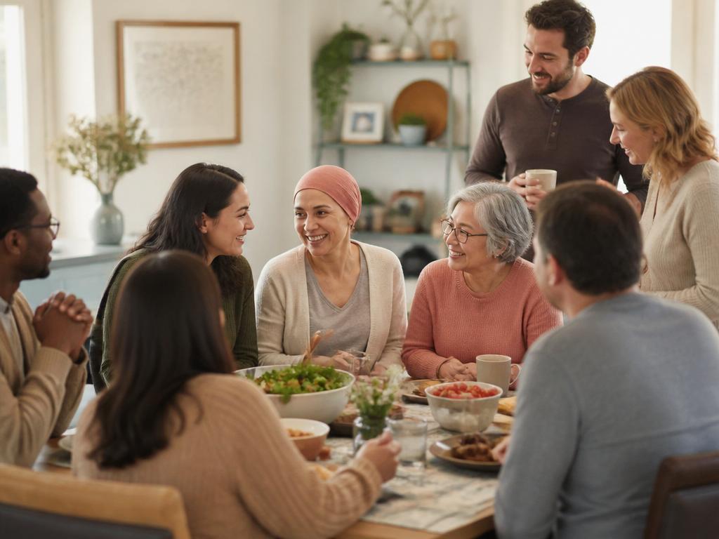 A small group of people sitting in a circle in a warmly lit community room
